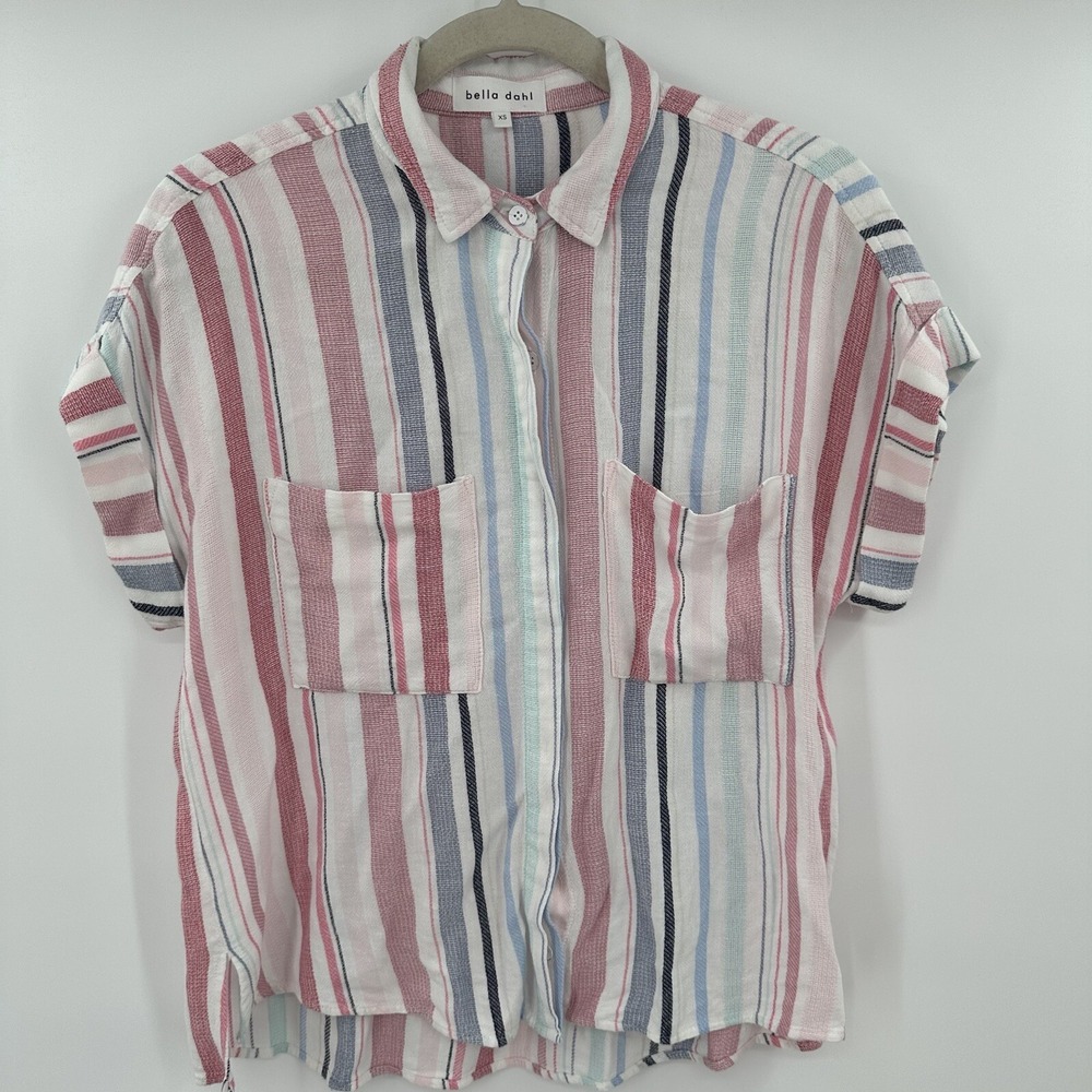 Bella Dahl Womens XS Short Sleeve Button Down Shirt Pink Blue Striped Pockets